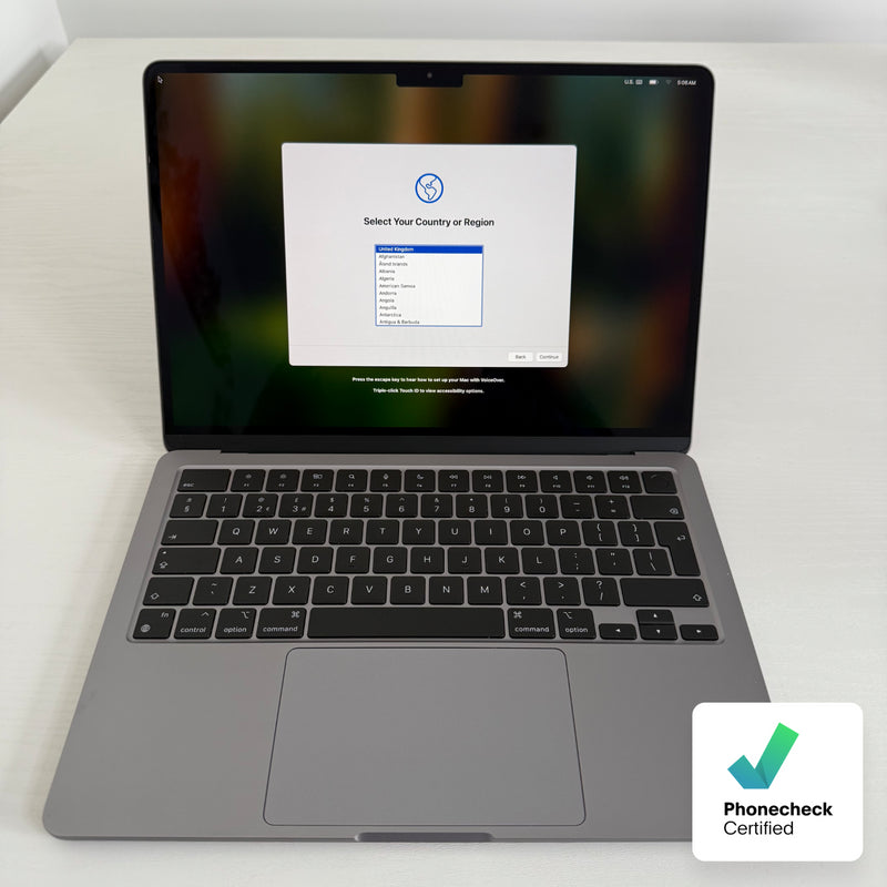 Apple MacBook Air 13-inch M2 Chip 512GB Space Gray refurbished and Phone check Certified laptop with Retina display and backlit keyboard.