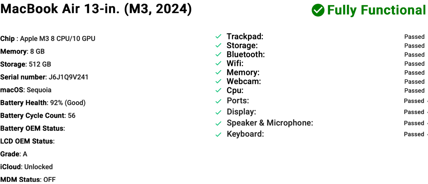 Refurbished MacBook Air 13" (2024) M3 | Space Grey | 512GB SSD