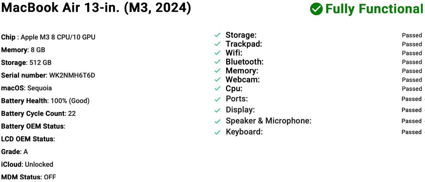 Refurbished MacBook Air 13" (2024) M3 | Midnight | 512GB SSD