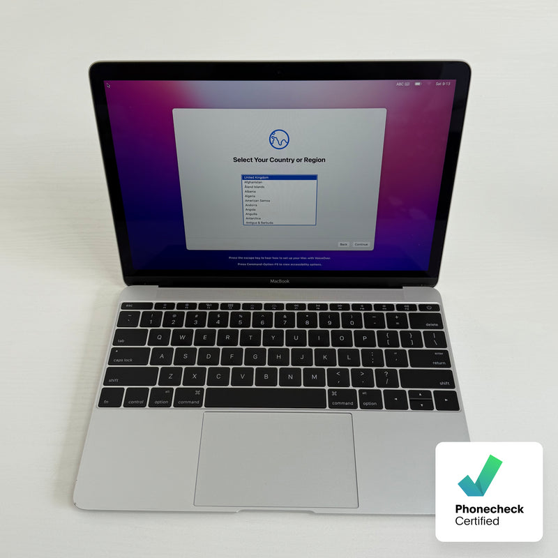Apple MacBook 12-inch (2017) Intel Core M3 1.1GHz 8GB RAM 256GB SSD Silver refurbished and Phone check Certified laptop with Retina display shown during setup.