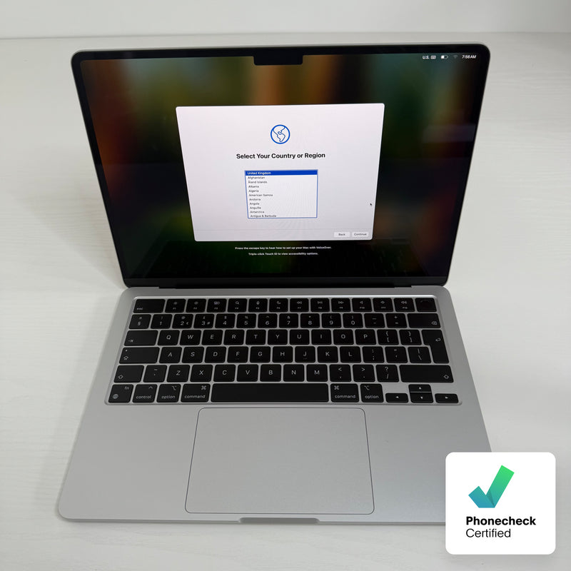 Apple MacBook Air 13-inch (2024) M3 8-Core CPU 10-Core GPU 8GB RAM 512GB SSD Silver  Grade A refurbished laptop, Phone check Certified, lightweight design with Liquid Retina display shown during setup