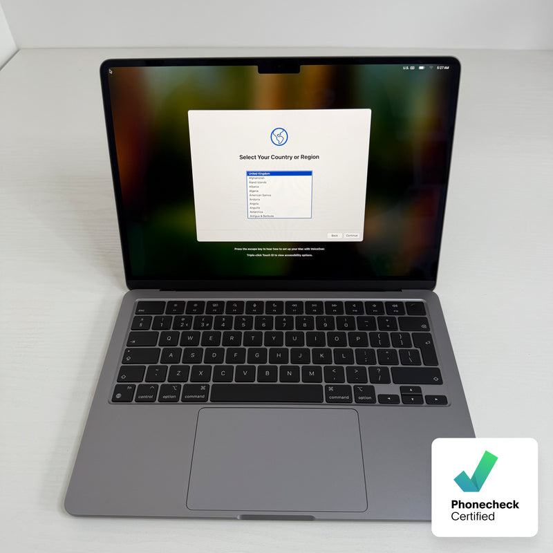 Apple MacBook Air 13-inch (2024) M3 8-Core CPU 10-Core GPU 8GB RAM 512GB SSD Space Grey Grade A refurbished MacBook, Phone check Certified, lightweight design with Liquid Retina display shown on setup screen