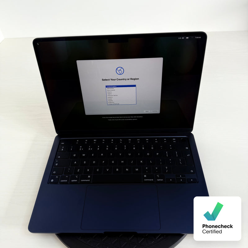 Apple MacBook Air 13-inch (2024) M3 8-Core CPU 10-Core GPU 8GB RAM 512GB SSD Midnight Grade A refurbished Apple laptop, ultra-thin lightweight design with Retina display, shown powered on and Phone check Certified