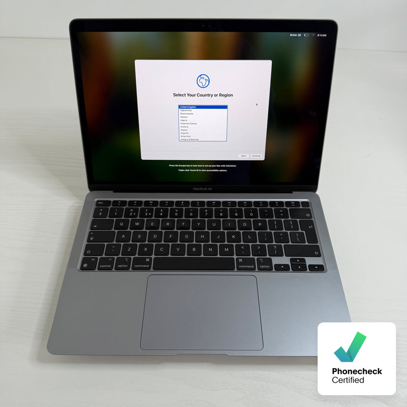 Apple MacBook Air 13-inch (2024) M3 8-Core CPU 10-Core GPU 8GB RAM 512GB SSD Space Grey Grade A refurbished Apple laptop with Retina display, sleek aluminum design, powered on, Phone check Certified for quality.