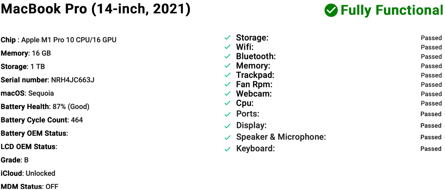 Apple MacBook Pro 14" (2021) M1 Pro | 10-Core CPU 16-Core GPU | 16GB| 1TB |Grey| GRADE B