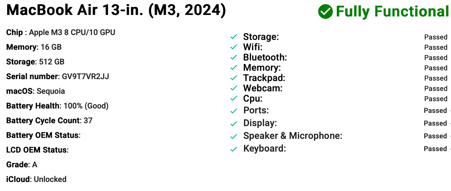 Apple MacBook Air 13" (2024) M3 | 8-Core CPU 10-Core GPU | 16GB | 512GB | Starlight | GRADE A