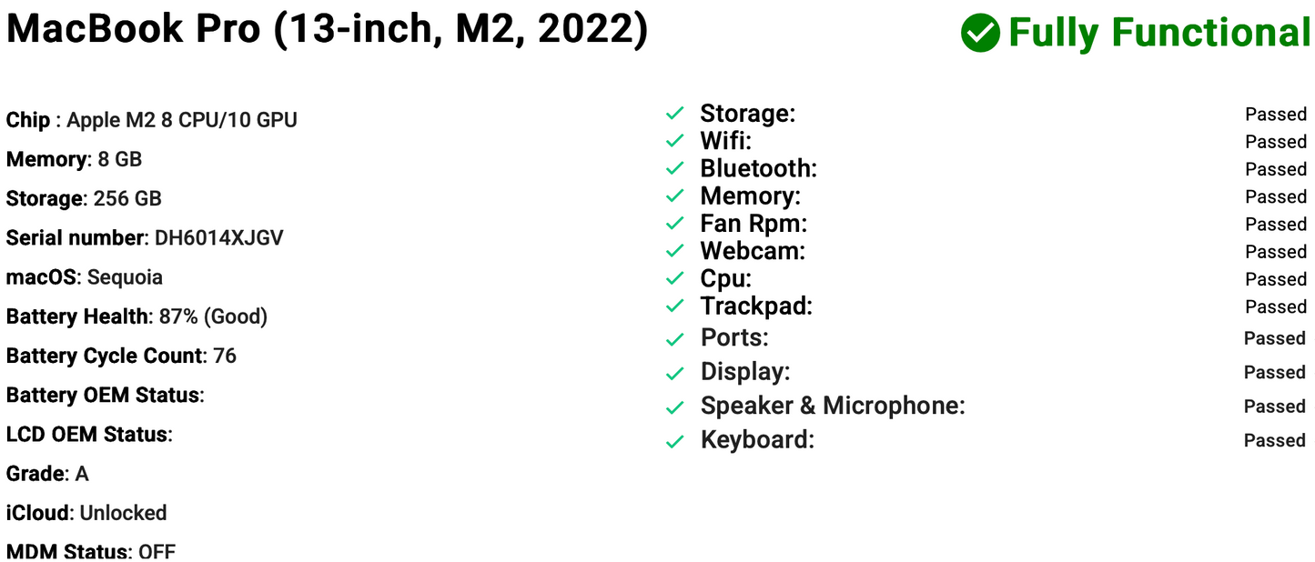 Apple MacBook Pro 13" (2022) M2 | 8-Core CPU 10-Core GPU | 8GB | 256GB | Space Gray | GRADE A