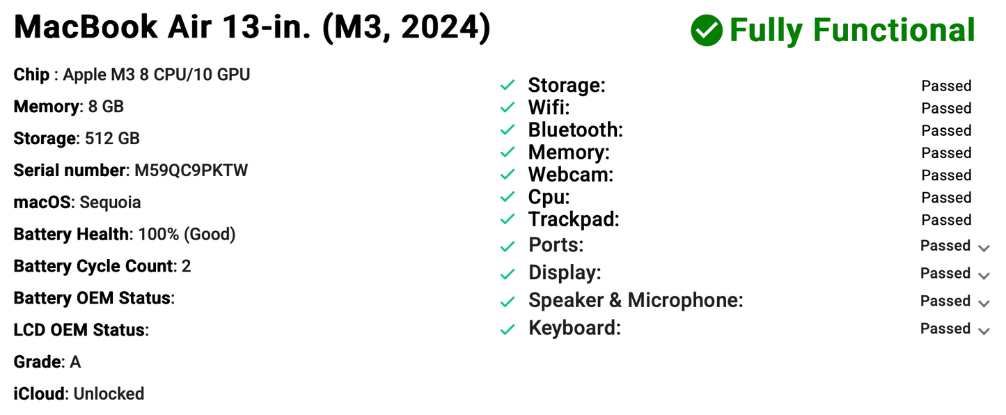 Apple MacBook Air 13" (2024) M3 | 8-Core CPU 10-Core GPU | 8GB | 512GB | Midnight | GRADE A