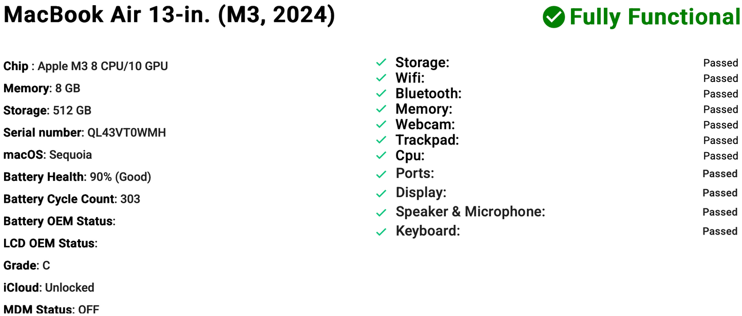 Apple MacBook Air 13" (2024) M3 | 8-Core CPU 10-Core GPU | 8GB | 512GB | Space Grey | GRADE C