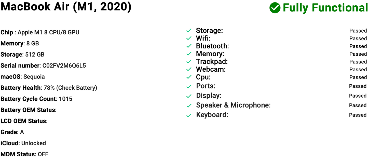 Apple MacBook Air 13" (2020) M1 | 8-Core CPU 8-Core GPU | 8GB | 512GB | Space Grey | GRADE B