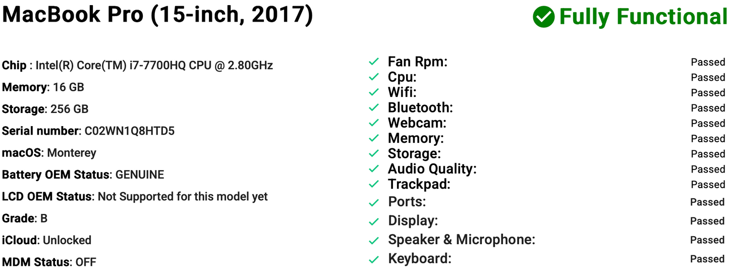 Apple MacBook Pro 15" (2017) i7 | Radeon Pro 555 | 16GB | 256GB SSD | Space Grey | Grade B