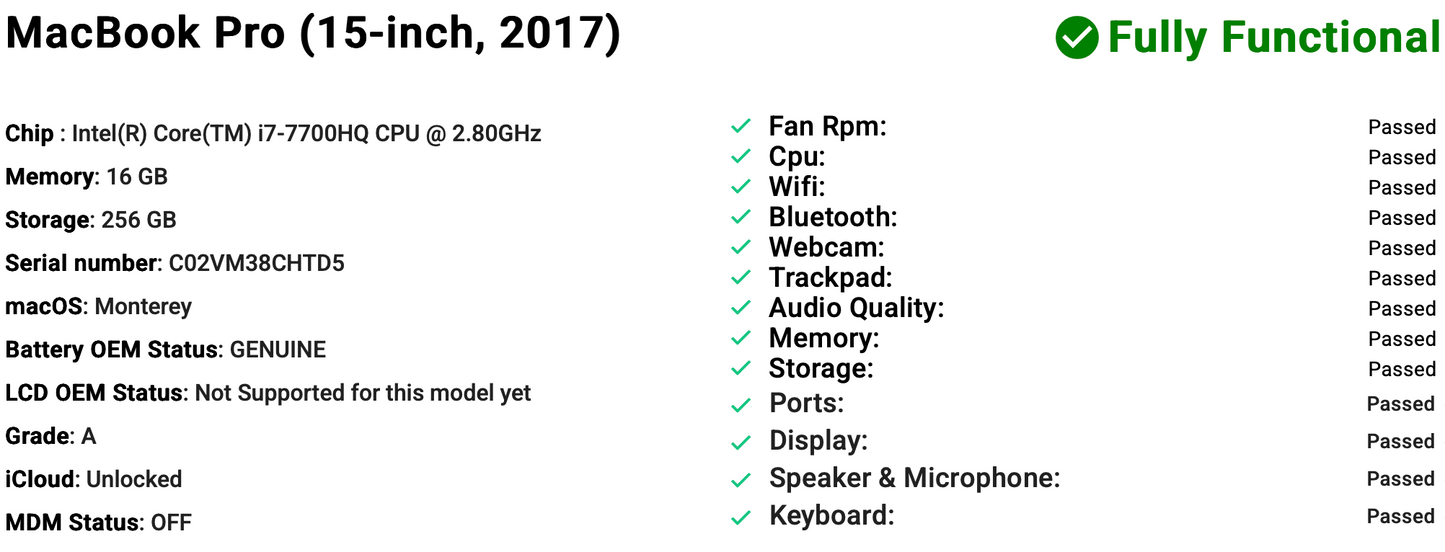 Apple MacBook Pro 15" (2017) i7 | Radeon Pro 555 | 16GB | 256GB SSD | Space Grey | Grade B