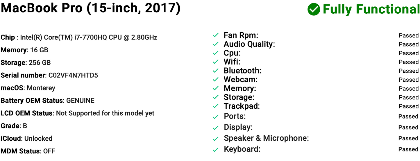 Apple MacBook Pro 15" (2017) i7 | Radeon Pro 555 | 16GB | 256GB SSD | Space Grey | Grade B