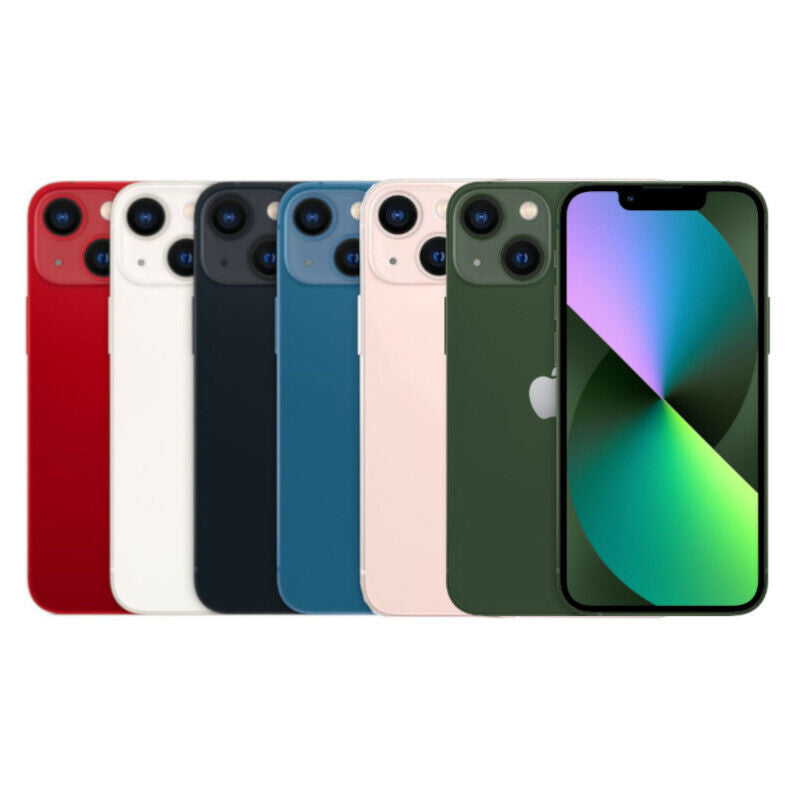 Apple iPhone 13 lineup in multiple colors red, white, black, blue, pink, and green displayed front and back, premium smartphone with advanced dual-camera system