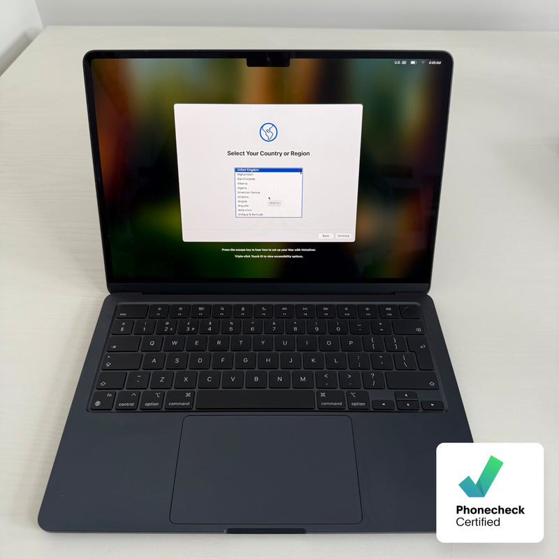 Apple MacBook Air 13.6-inch (2024) M3 8-Core CPU 10-Core GPU 16GB RAM 512GB SSD Midnight Grade A refurbished and Phone check Certified laptop with Liquid Retina display shown during setup