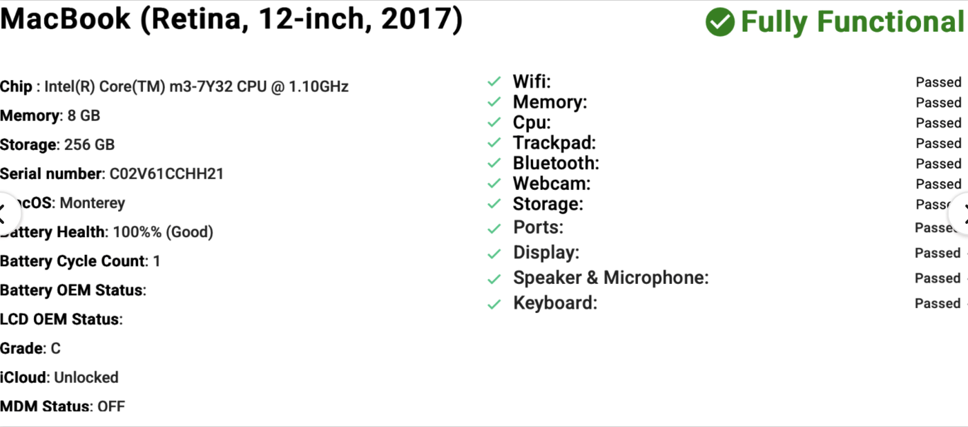 Apple MacBook 12" (2017) Intel Core M3 | 1.1GHz | 8GB RAM | 256GB SSD | Space Grey | GRADE C