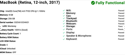 Apple MacBook 12" (2017) Intel Core M3 | 1.1GHz | 8GB RAM | 256GB SSD | Space Grey | GRADE C