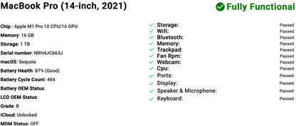 Apple MacBook Pro 14" (2021) M1 Pro | 10-Core CPU 16-Core GPU | 16GB| 1TB |Grey| GRADE B