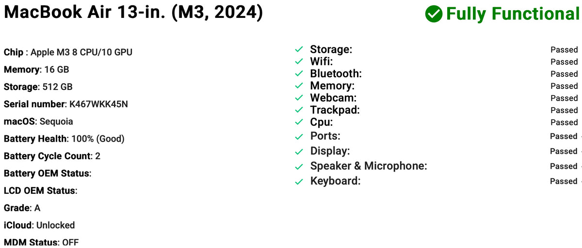 Apple MacBook Air 13.6-inch (2024) M3 8-Core CPU 10-Core GPU 16GB RAM 512GB SSD Midnight Grade A refurbished and Phone check Certified laptop with Liquid Retina display shown during setup