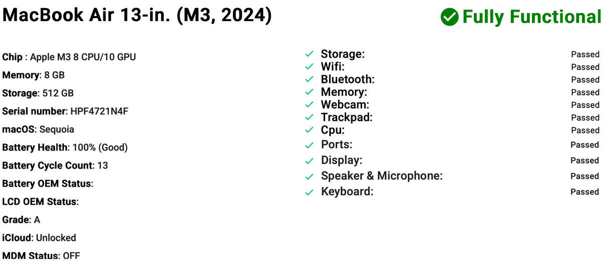 Apple MacBook Air 13-inch (2024) M3 8-Core CPU 10-Core GPU 8GB RAM 512GB SSD Silver  Grade A refurbished laptop, Phone check Certified, lightweight design with Liquid Retina display shown during setup
