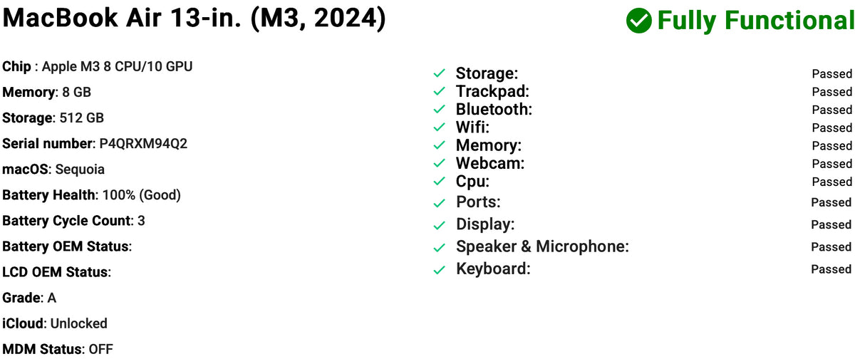 Apple MacBook Air 13-inch (2024) M3 8-Core CPU 10-Core GPU 8GB RAM 512GB SSD Space Grey Grade A refurbished MacBook, Phone check Certified, lightweight design with Liquid Retina display shown on setup screen