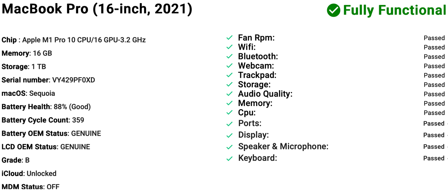 Apple MacBook Pro 16" (2021) M1 Pro | 10-Core CPU 16-Core GPU | 16GB | 1TB | Space Gray | GRADE B