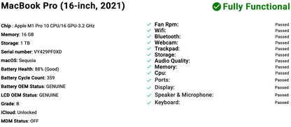 Apple MacBook Pro 16" (2021) M1 Pro | 10-Core CPU 16-Core GPU | 16GB | 1TB | Space Gray | GRADE B