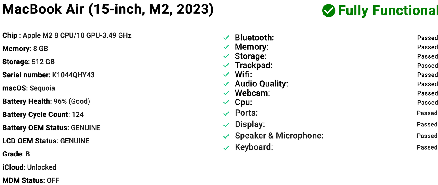 Apple MacBook Air 15" (2023) M2 | 8-Core CPU 10-Core GPU | 8GB |512GB | Midnight | GRADE B