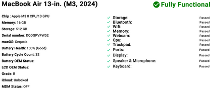 Apple MacBook Air 13" (2024) M3 | 8-Core CPU 10-Core GPU | 16GB | 512GB | Midnight | GRADE B