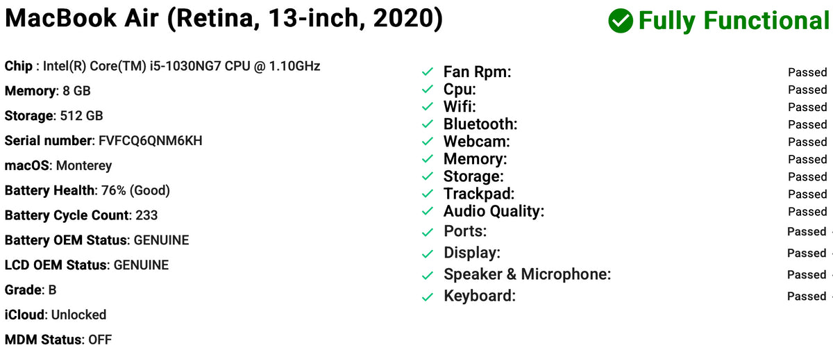 Apple MacBook Air 13-inch (2020) with 10th Gen Intel Core i5 processor, 8GB RAM, 512GB SSD in Sliver Grade B refurbished laptop with Retina display and Phone check Certified quality