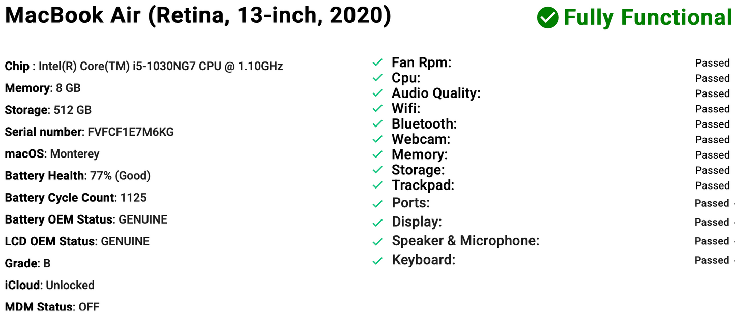 Apple MacBook Air 13" (2020) | 10th Gen i5 | 8GB | 512GB SSD | Space Grey | GRADE B