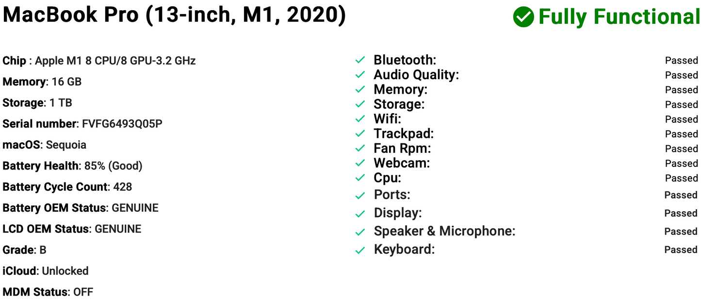 Apple MacBook Pro 13" (2020) M1 | 8-Core CPU 8-Core GPU | 16GB | 1TB SSD | Grey | GRADE B