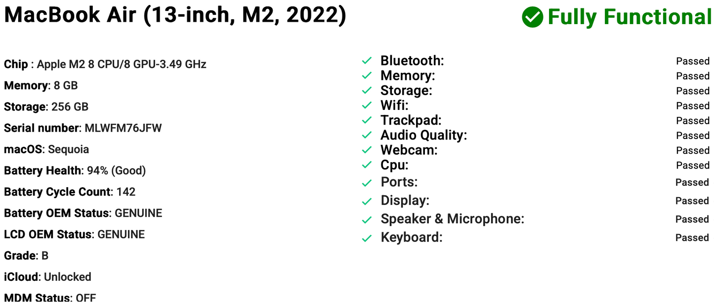 Apple MacBook Air 13" (2022) M2 | 8-Core CPU 8-Core GPU | 8GB | 256GB | Grey | GRADE B