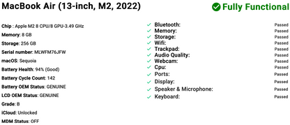 Apple MacBook Air 13" (2022) M2 | 8-Core CPU 8-Core GPU | 8GB | 256GB | Grey | GRADE B