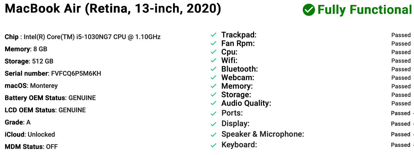 Apple MacBook Air 13" (2020) 10th Gen i5 | 8GB | 512GB SSD | Silver | Grade A