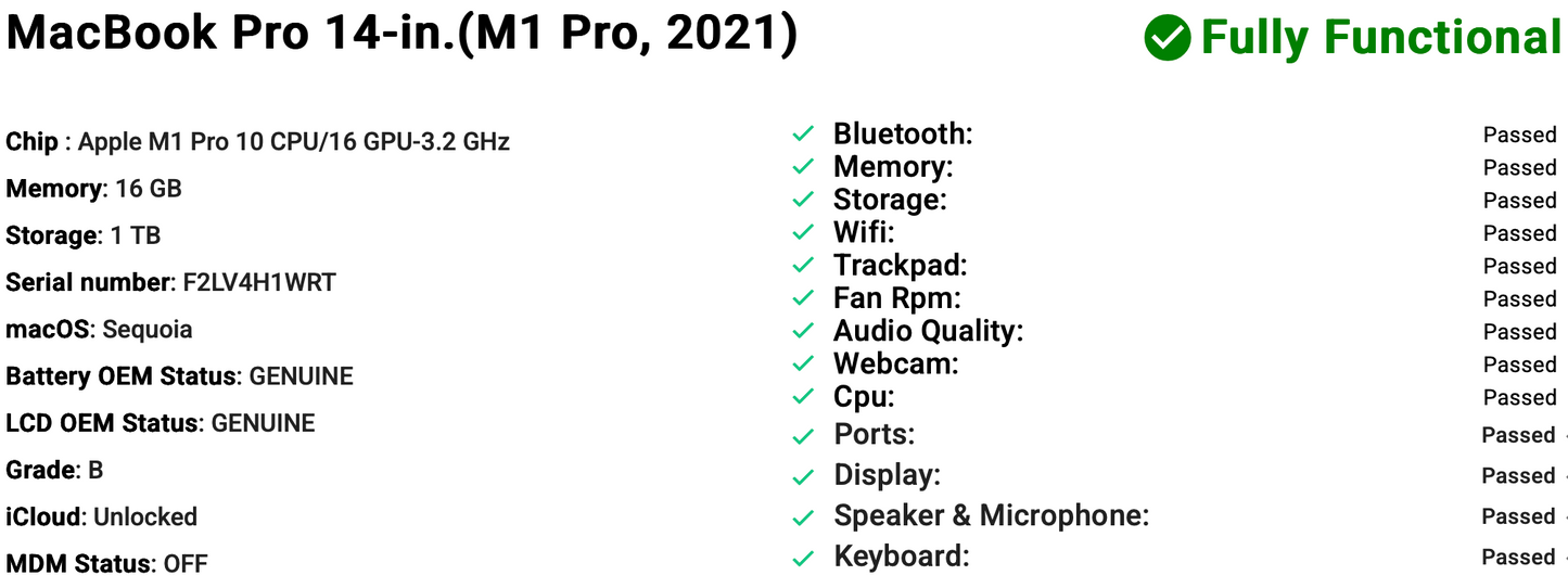 Apple MacBook Pro 14" (2021) M1 Pro | 10-Core CPU 16-Core GPU | 16GB RAM | 1TB SSD | Silver | Grade B