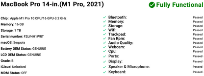 Apple MacBook Pro 14" (2021) M1 Pro | 10-Core CPU 16-Core GPU | 16GB RAM | 1TB SSD | Silver | Grade B
