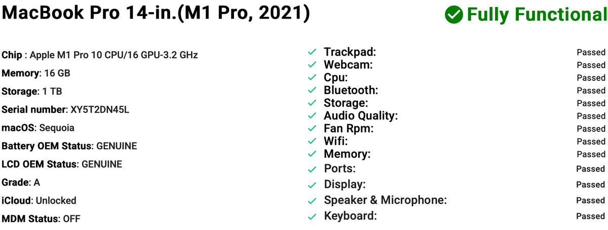 Apple MacBook Pro 14" (2021) M1 Pro | 10-Core CPU 16-Core GPU | 16GB RAM | 1TB SSD | Space Grey | Grade A