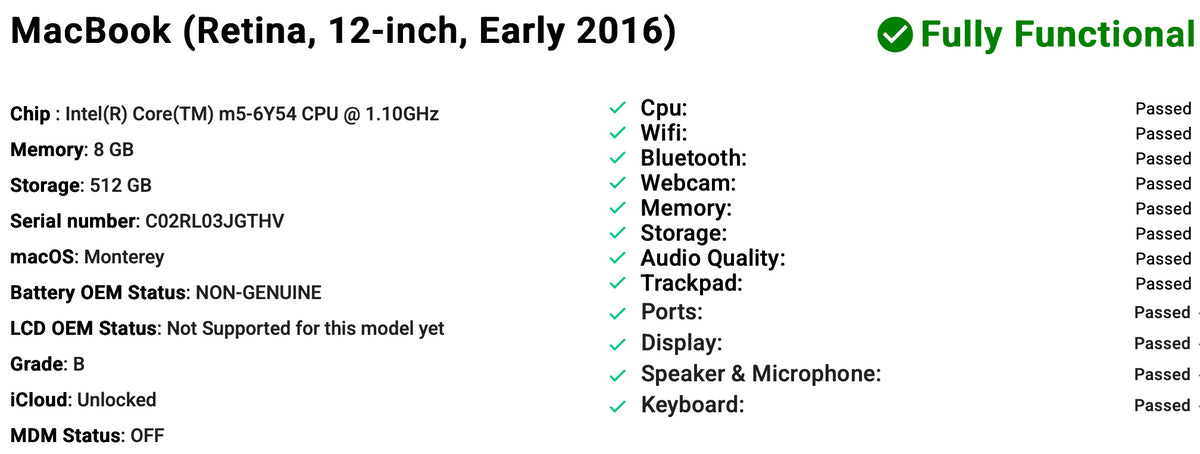Apple MacBook 12" (2016) | Intel Core m5 | 8GB RAM | 512GB SSD | Space Grey | Grade B