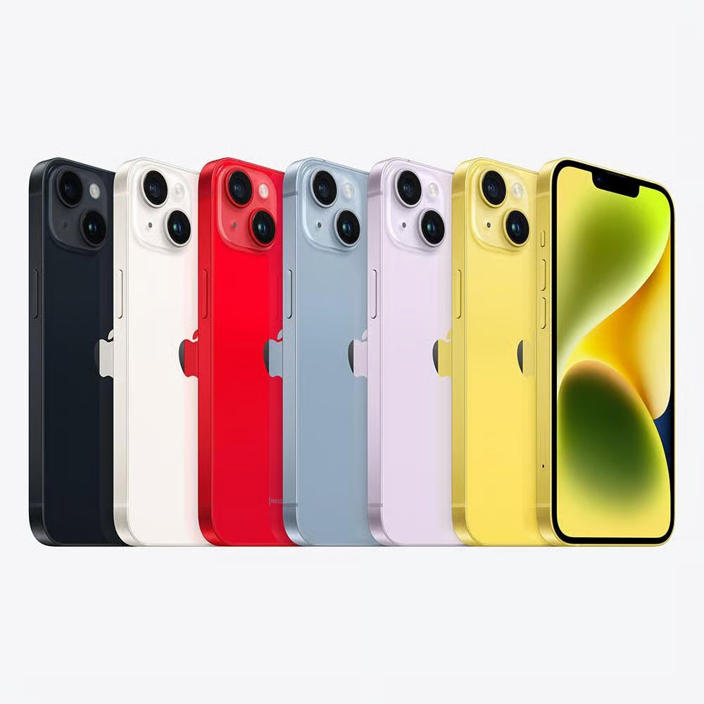 Apple iPhone 14 lineup showcasing all color options Midnight, Starlight, RED, Blue, Purple, and Yellow with dual-camera design and Super Retina XDR display