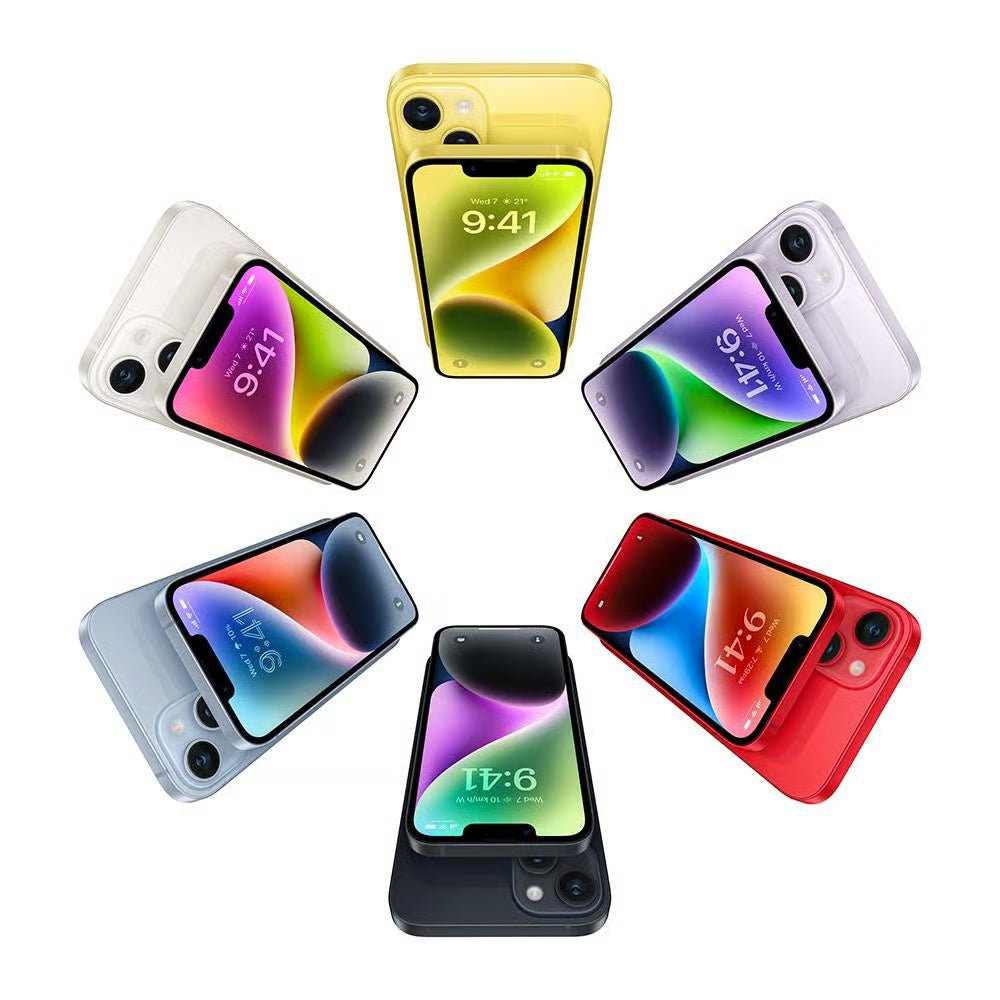 Apple iPhone 14 lineup showcasing all color options  Midnight, Starlight, RED, Blue, Purple, and Yellow with dual-camera design and Super Retina XDR display